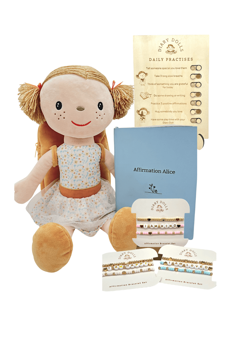 Doll named Affirmation Alice with journal and affirmation bracelets promoting self-worth for children.