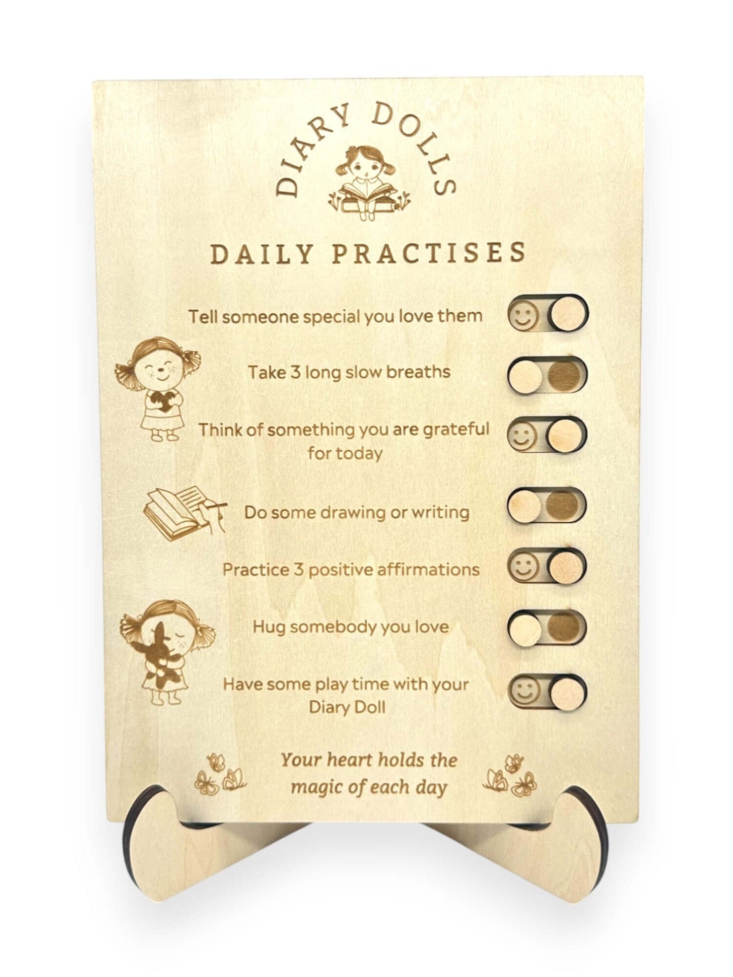 Daily practices board from Diary Dolls promoting positive habits for children.