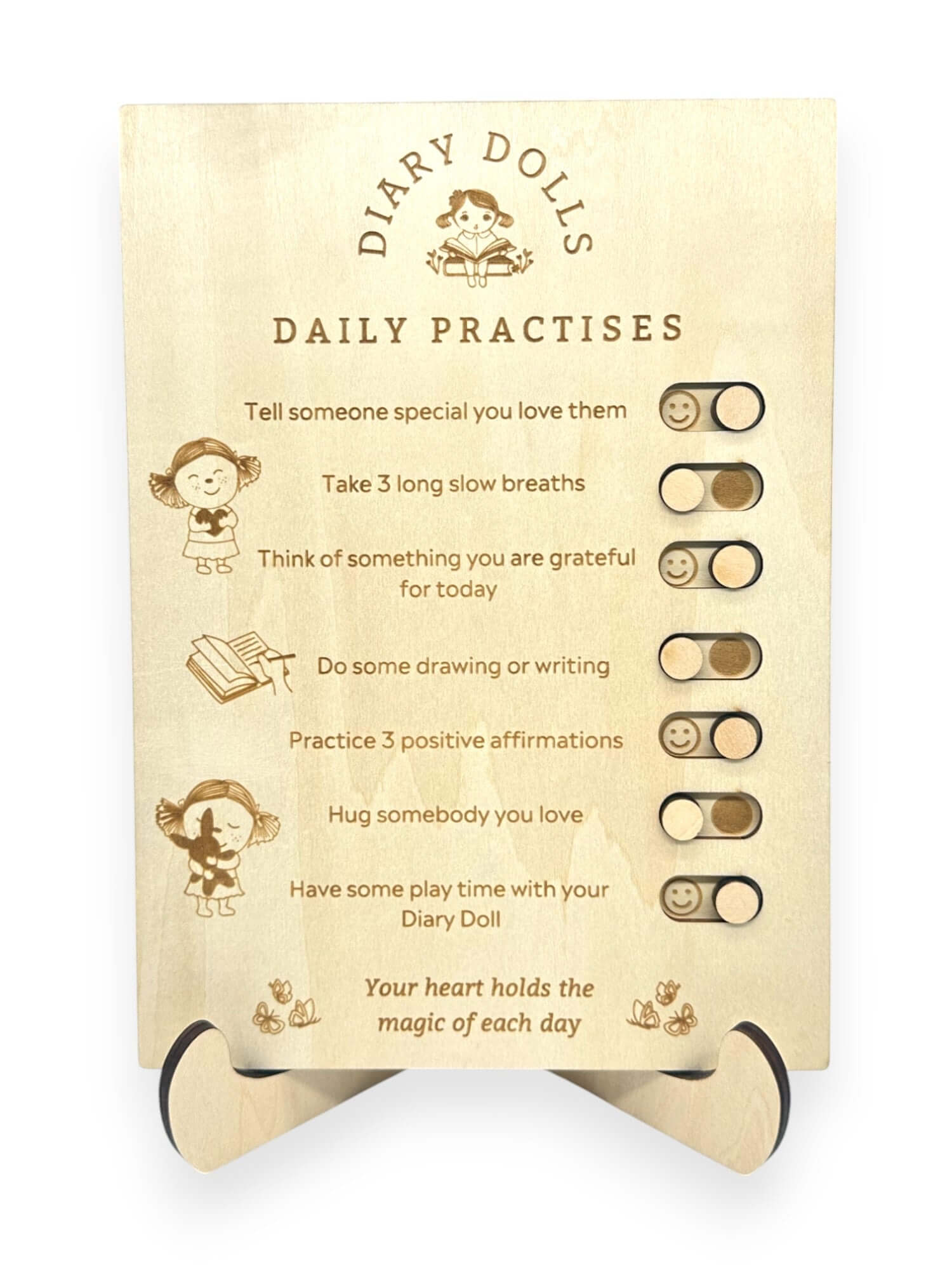 Daily practices board from Diary Dolls promoting positive habits for children.
