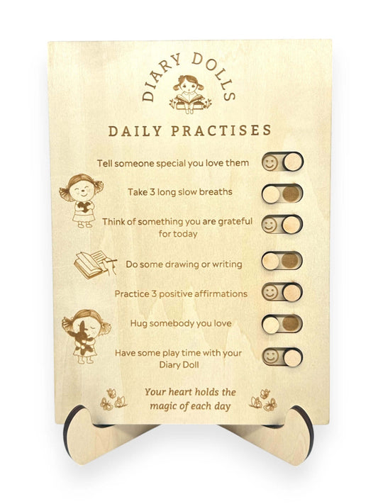 Daily practices board from Diary Dolls promoting positive habits for children.