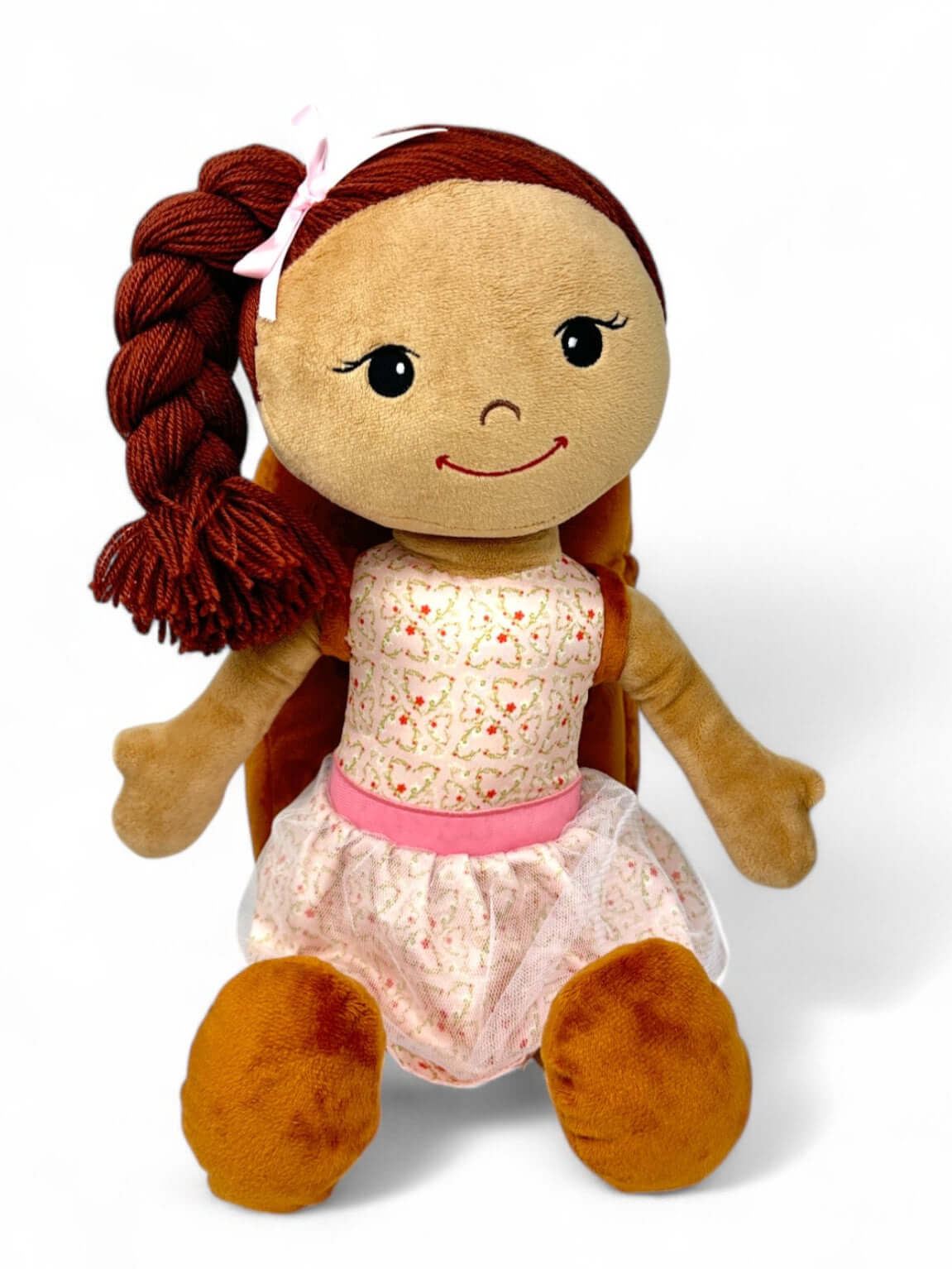 Soft plush doll with brown hair and pink dress, part of The Daily Journaling Bundle for emotional growth and self-worth.