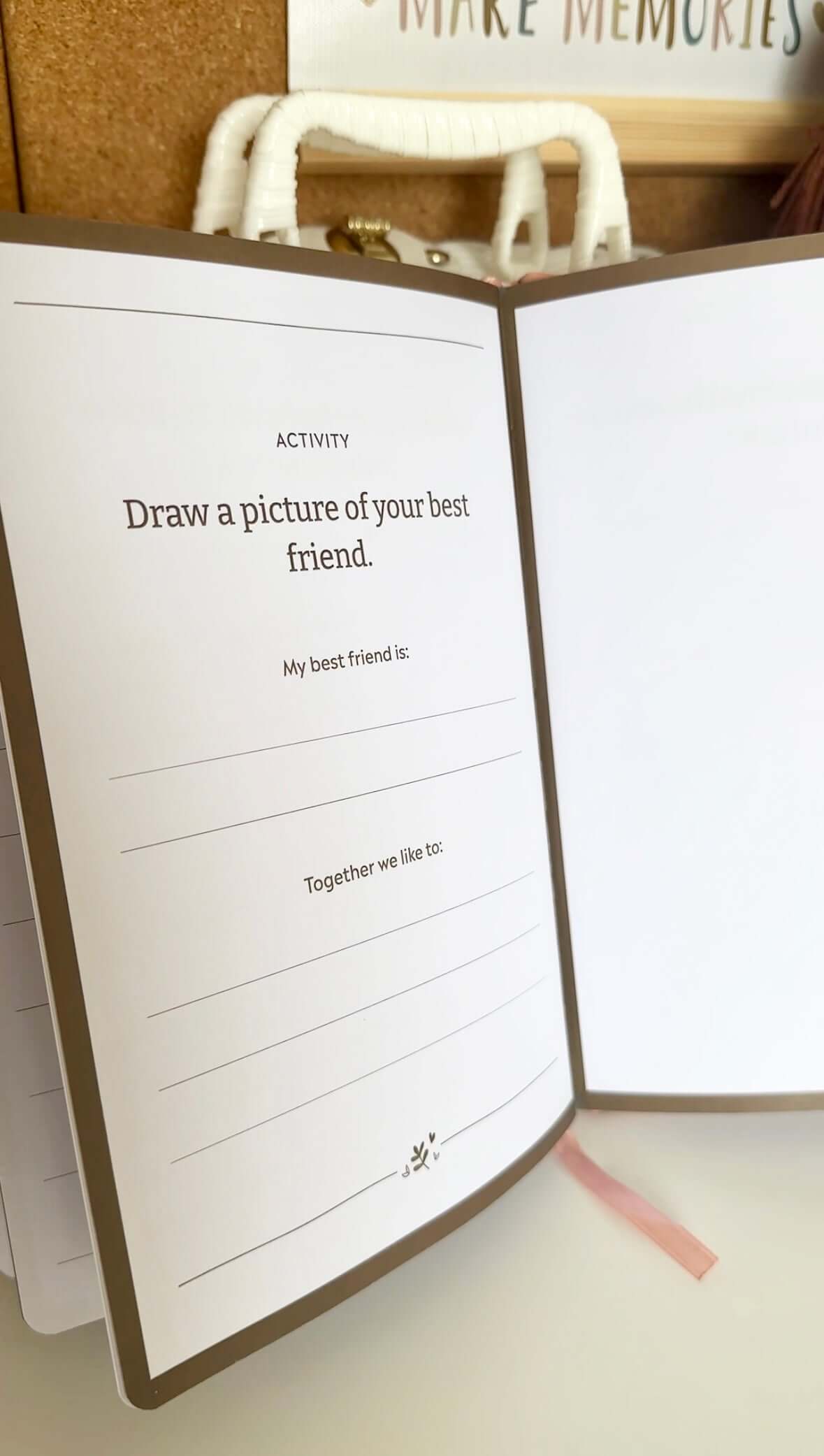 Open journal page with a prompt to draw a picture of a best friend, encouraging creativity for kids.