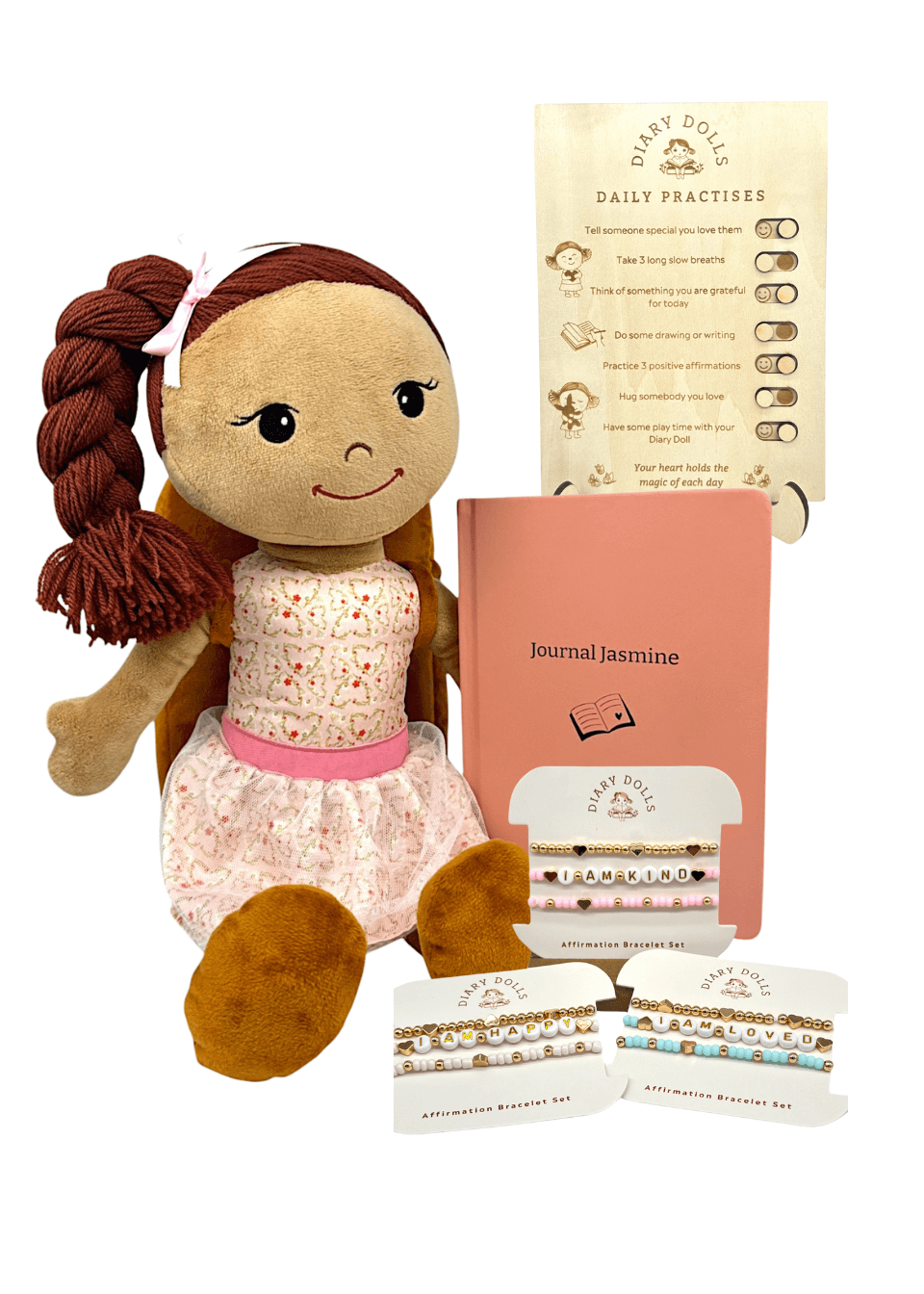 Daily Journaling Bundle featuring Journal Jasmine doll, guided journal, and affirmation bracelet set to promote self-worth.