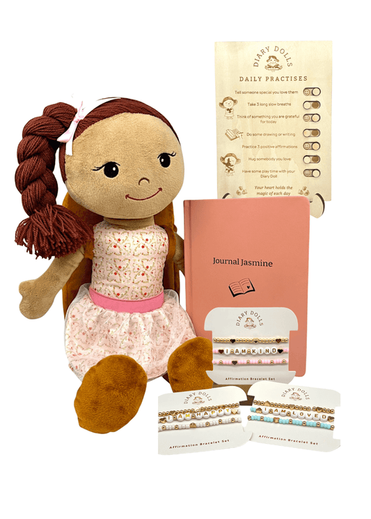 Daily Journaling Bundle featuring Journal Jasmine doll, guided journal, and affirmation bracelet set to promote self-worth.