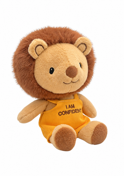 Levi Lion plush toy sitting at an angle in golden I am confident overalls